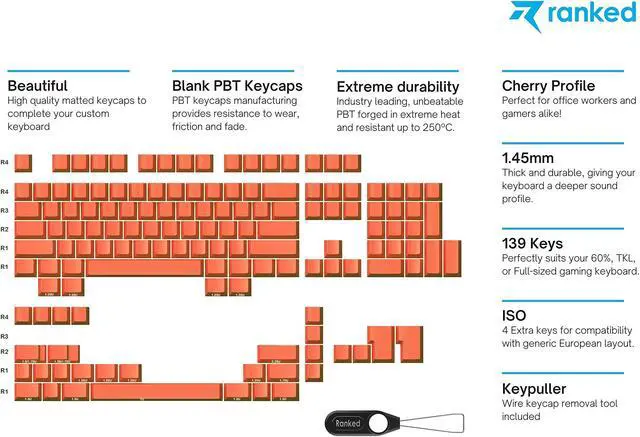 Alt view image 2 of 5 - Ranked Blank Premium Keycap Set | 1.4 mm Thick PBT | Cherry Profile for Mechanical Keyboard (Coral, 139 Keys)
