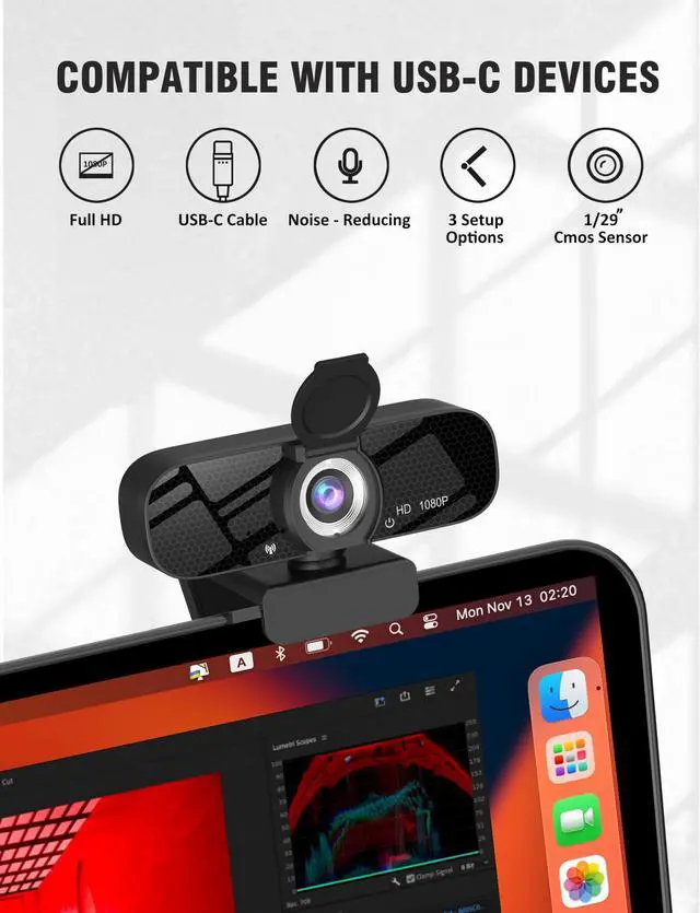 Alt view image 4 of 5 - Full HD Webcam with Built-in Microphone and Rotatable Tripod, 1080P Video and Wide Angle Camera, Privacy Cover, for Desktop PC or Laptop Computer