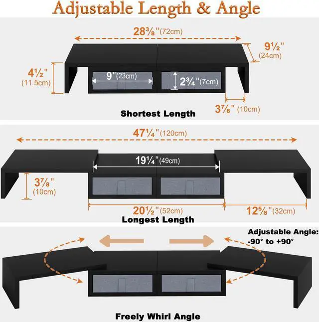 Alt view image 4 of 5 - TEAMIX Wood Dual Monitor Stand Riser with Drawers-Length and Angle Adjustable Triple Monitor Stand with Storage Large Computer Riser for 2/3 Monitors/Laptops/PC/Printers
