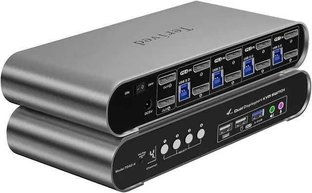 Main image of Terived 4 Computers 2 DP Monitors Automatic KVM Switch, 8K@30Hz 4K@144Hz 4 Port DP USB 3.0 Dual Monitor, Aluminum hotkey Audio Microphone, Digital Display, HDR10 with Cables