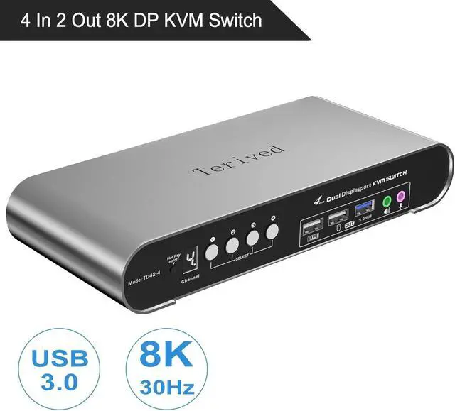 Alt view image 2 of 5 - Terived 4 Computers 2 DP Monitors Automatic KVM Switch, 8K@30Hz 4K@144Hz 4 Port DP USB 3.0 Dual Monitor, Aluminum hotkey Audio Microphone, Digital Display, HDR10 with Cables