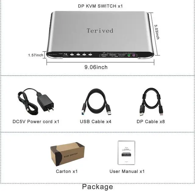 Alt view image 5 of 5 - Terived 4 Computers 2 DP Monitors Automatic KVM Switch, 8K@30Hz 4K@144Hz 4 Port DP USB 3.0 Dual Monitor, Aluminum hotkey Audio Microphone, Digital Display, HDR10 with Cables