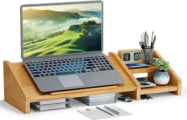 Main image of Ufine Bamboo Laptop Stand for Desk 3 Heights Adjustable Notebook Stand Computer Monitor Riser with 2 Tier Storage Shelf, Desktop Organizer Printer Stand for Home Office