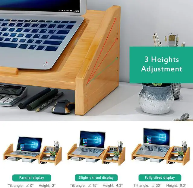 Alt view image 4 of 5 - Ufine Bamboo Laptop Stand for Desk 3 Heights Adjustable Notebook Stand Computer Monitor Riser with 2 Tier Storage Shelf, Desktop Organizer Printer Stand for Home Office