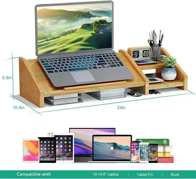 Alt view image 5 of 5 - Ufine Bamboo Laptop Stand for Desk 3 Heights Adjustable Notebook Stand Computer Monitor Riser with 2 Tier Storage Shelf, Desktop Organizer Printer Stand for Home Office