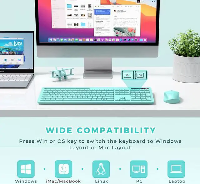 Alt view image 3 of 5 - Vivefox Teal Wireless Keyboard with Phone Holder USB A & Type C Receiver Mint Keyboard and Mouse Compatible for Windows, Mac, MacBook/Air/Pro Computer, Green