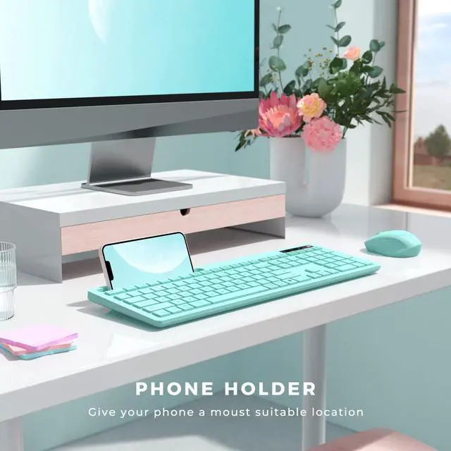 Alt view image 4 of 5 - Vivefox Teal Wireless Keyboard with Phone Holder USB A & Type C Receiver Mint Keyboard and Mouse Compatible for Windows, Mac, MacBook/Air/Pro Computer, Green
