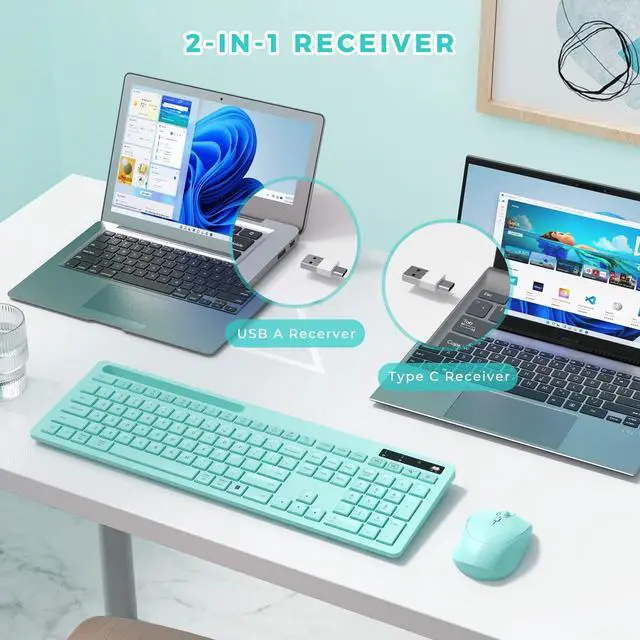 Alt view image 2 of 5 - Vivefox Teal Wireless Keyboard with Phone Holder USB A & Type C Receiver Mint Keyboard and Mouse Compatible for Windows, Mac, MacBook/Air/Pro Computer, Green
