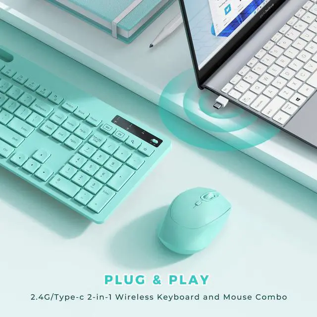 Alt view image 5 of 5 - Vivefox Teal Wireless Keyboard with Phone Holder USB A & Type C Receiver Mint Keyboard and Mouse Compatible for Windows, Mac, MacBook/Air/Pro Computer, Green