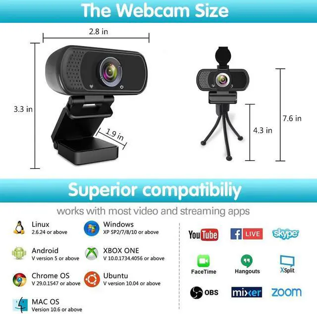 Alt view image 3 of 5 - Webcam HD 1080p ,Live Streaming HD Camera with Stereo Microphone, PC Desktop or Laptop USB Webcam with 110 Degree View Angle, for Switch 2,Video Calling, Recording, Conferencing, Streaming, Gaming