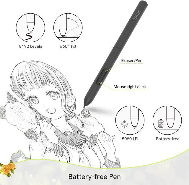 Alt view image 3 of 5 - VEIKK A30 Drawing Tablet, 10x6 Inch Graphics Tablet with 8192 Levels Battery-Free Stylus Pen, 4 Touch Keys, 1 Touch Pad, Compatible with Mac/Windows/Android/Linux, Ideal for Digital Art