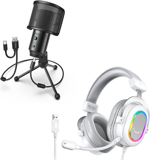 FIFINE USB Microphone and White Gaming Headset Desktop PC Mic with Extra USB C Plug Mute Button Headphone Jack Wired Headphones with 7.1 Surround