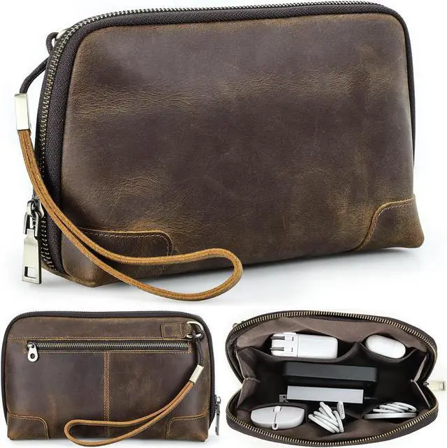 Main image of CataPurus Electronic Organizer Zipper Bag Tech Pouch, Top Grain Leather Handmade, Portable Compact Travel Storage Cases Fits Apple Accessories, Phone, USB Cables, Power Banks, Chargers, Hard Drive