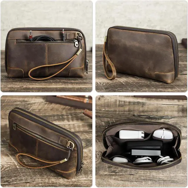 Alt view image 2 of 5 - CataPurus Electronic Organizer Zipper Bag Tech Pouch, Top Grain Leather Handmade, Portable Compact Travel Storage Cases Fits Apple Accessories, Phone, USB Cables, Power Banks, Chargers, Hard Drive