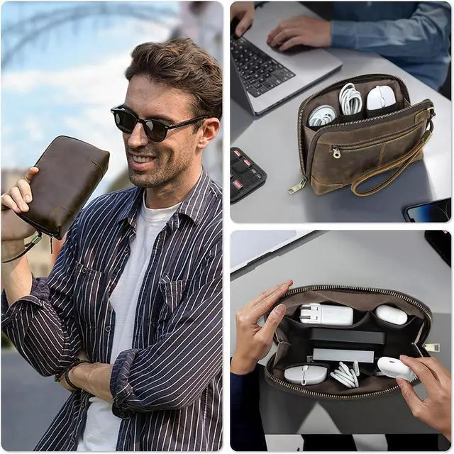 Alt view image 3 of 5 - CataPurus Electronic Organizer Zipper Bag Tech Pouch, Top Grain Leather Handmade, Portable Compact Travel Storage Cases Fits Apple Accessories, Phone, USB Cables, Power Banks, Chargers, Hard Drive