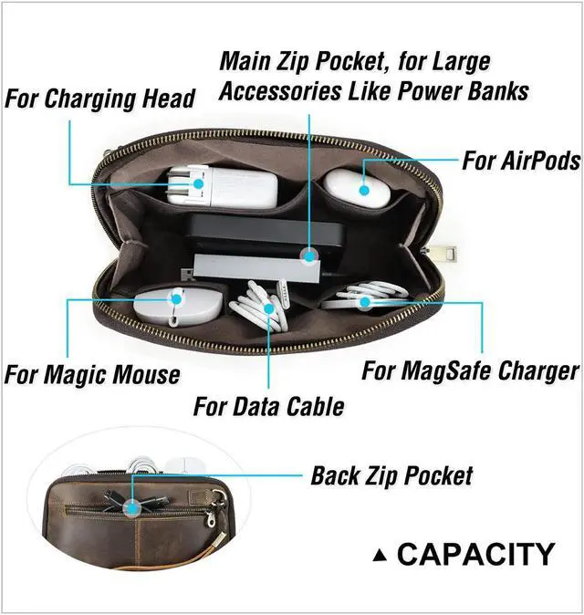 Alt view image 5 of 5 - CataPurus Electronic Organizer Zipper Bag Tech Pouch, Top Grain Leather Handmade, Portable Compact Travel Storage Cases Fits Apple Accessories, Phone, USB Cables, Power Banks, Chargers, Hard Drive