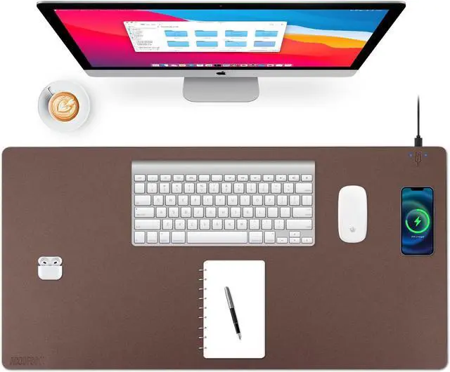Main image of Wireless Charging Desk Mat with Desk Pad for Desktop Charging Large Mouse Pad Waterproof Leather Computer Mat Mouse Pad Non-Slip Protector on Top of Desks for Keyboard and Mouse (brown-r, 36*17inch)