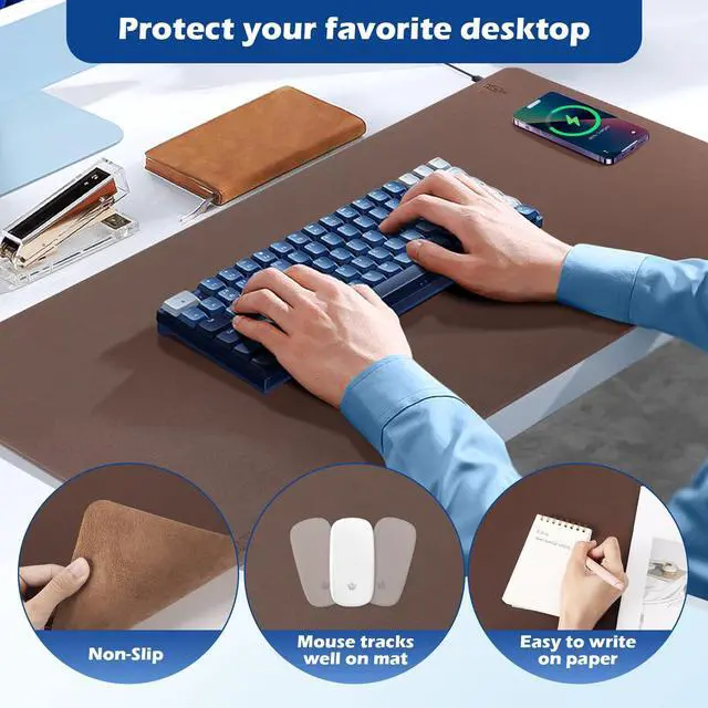 Alt view image 5 of 5 - Wireless Charging Desk Mat with Desk Pad for Desktop Charging Large Mouse Pad Waterproof Leather Computer Mat Mouse Pad Non-Slip Protector on Top of Desks for Keyboard and Mouse (brown-r, 36*17inch)
