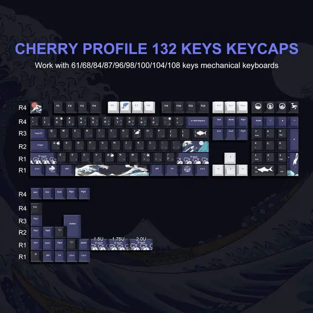 Alt view image 2 of 5 - XVX PBT Keycaps - 132 Keys, Great Wave Off Kanagawa Japanese Keyboard Set, 5 Side Dye-Sub Custom Keycaps, Cherry Profile for Cherry/Gateron MX Switches