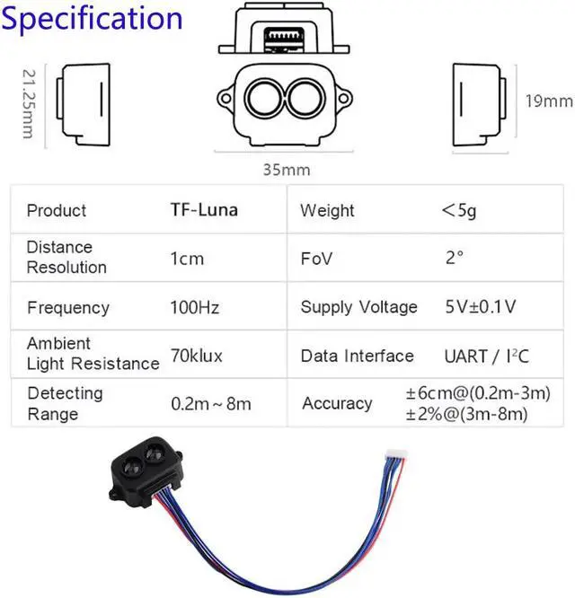 Alt view image 2 of 5 - Wishiot TF-Luna LiDAR Range Finder Sensor 0.2m-8m Single-Point Ranging Module UART/I2C 5V with 6Pin Terminal to Dupont Cable for Arduino/RPi Pico/Pixhawk/WiFi_Lora_32