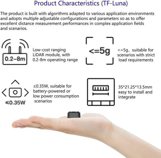 Alt view image 3 of 5 - Wishiot TF-Luna LiDAR Range Finder Sensor 0.2m-8m Single-Point Ranging Module UART/I2C 5V with 6Pin Terminal to Dupont Cable for Arduino/RPi Pico/Pixhawk/WiFi_Lora_32