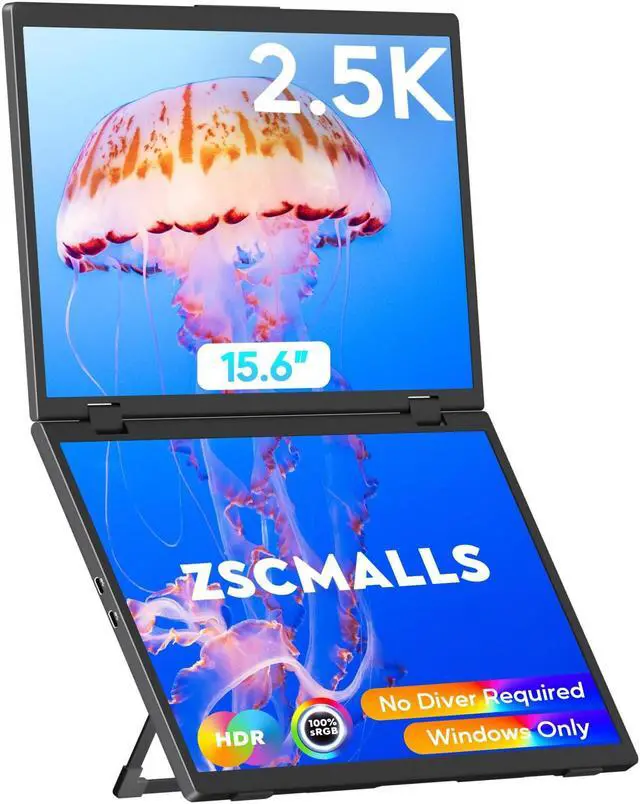 Main image of ZSCMALLS 2.5K Dual Monitor(Wins Only), Triple Laptop Screen Extender, 15.6" QHD Folding Stacked Portable Dual Monitor, USB C Travel Extended Computer Display, 180degRotation, Plug & Play for Laptops