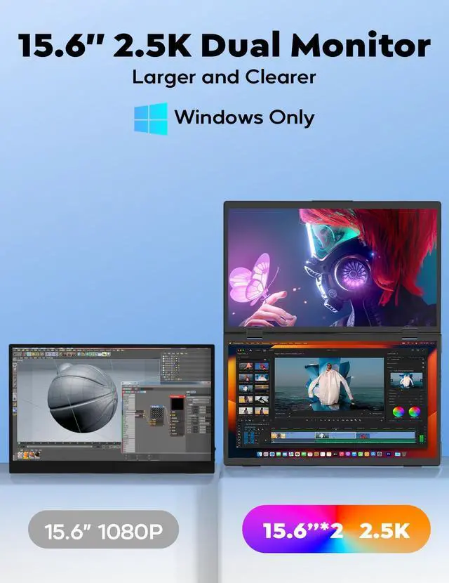 Alt view image 2 of 5 - ZSCMALLS 2.5K Dual Monitor(Wins Only), Triple Laptop Screen Extender, 15.6" QHD Folding Stacked Portable Dual Monitor, USB C Travel Extended Computer Display, 180degRotation, Plug & Play for Laptops