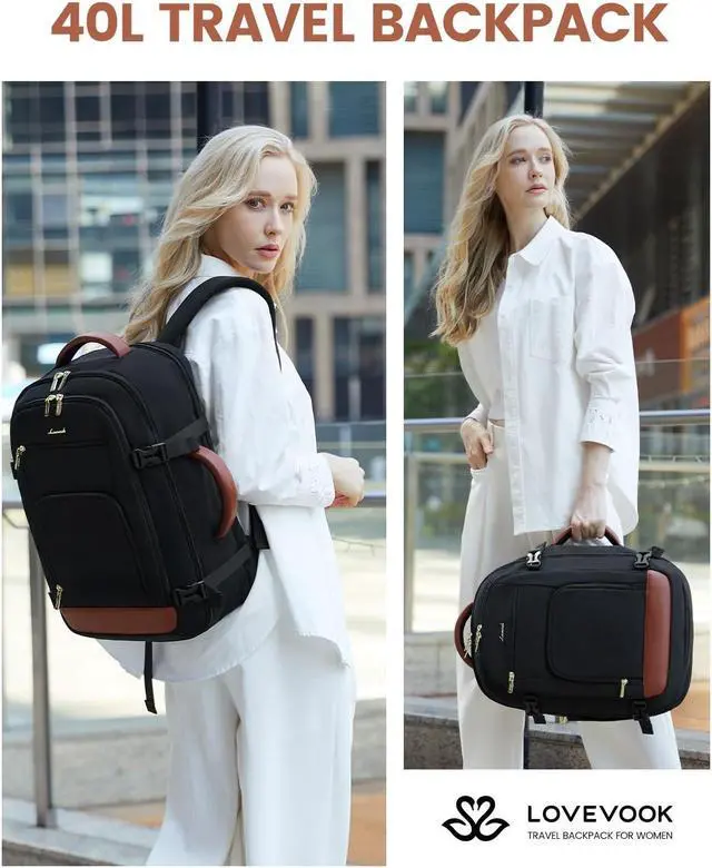 Alt view image 2 of 5 - LOVEVOOK Carry On Travel Backpack For Women Men Flight Approved, 40L Personal Item Backpack for Airplanes, Business Weekender Overnight Daypack Fits 17 Inch Laptop, With 2 Packing Cubes, Black-Brown