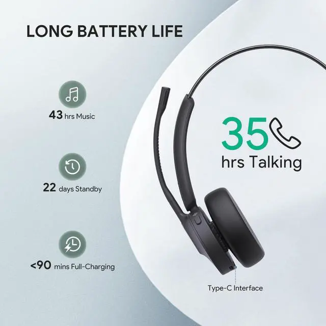 Alt view image 3 of 5 - Yealink BH70 Mono Wireless Bluetooth Headset with Microphone for Work, up to 35h Talking Battery Life, 3-Mic Noise Cancellation, 91g Lightweight Microsoft Teams Certified Work Headsets for PC, USB-A