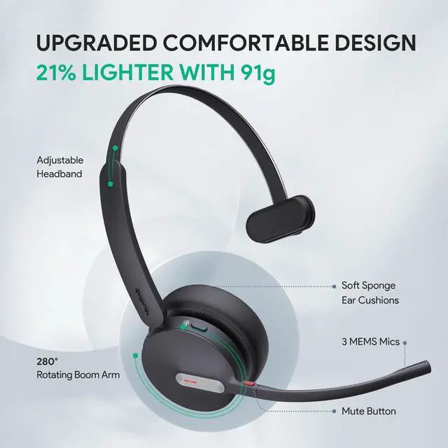 Alt view image 5 of 5 - Yealink BH70 Mono Wireless Bluetooth Headset with Microphone for Work, up to 35h Talking Battery Life, 3-Mic Noise Cancellation, 91g Lightweight Microsoft Teams Certified Work Headsets for PC, USB-A