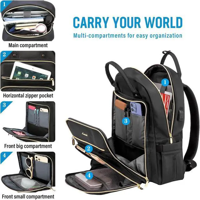 Alt view image 3 of 5 - LOVEVOOK Laptop Backpack for Women, Water Resistant Travel Work Black Backpacks Purse Business Teacher Nurse Computer Bag with USB Charging Port, Fits 15.6" Laptop