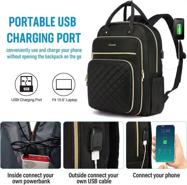 Alt view image 5 of 5 - LOVEVOOK Laptop Backpack for Women, Water Resistant Travel Work Black Backpacks Purse Business Teacher Nurse Computer Bag with USB Charging Port, Fits 15.6" Laptop