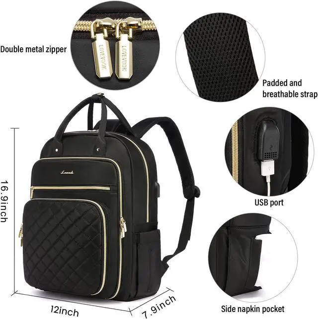 Alt view image 4 of 5 - LOVEVOOK Laptop Backpack for Women, Water Resistant Travel Work Black Backpacks Purse Business Teacher Nurse Computer Bag with USB Charging Port, Fits 15.6" Laptop