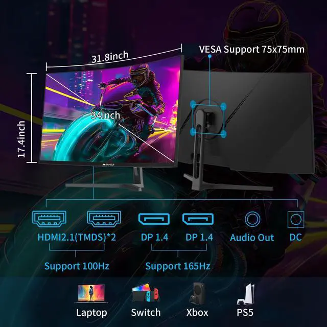 Alt view image 3 of 5 - SANSUI 34-Inch Curved Gaming Monitor UWQHD 3440 x 1440 165Hz Curved 1500R - PIP/PBP, 1ms(MPRT), HDR, 300nits, sRGB 125%, DCI-P3 95%,FreeSync,HDMI2.1(TMDS) x2,DP1.4 x2(ES-G34C5 DP Cable Included)