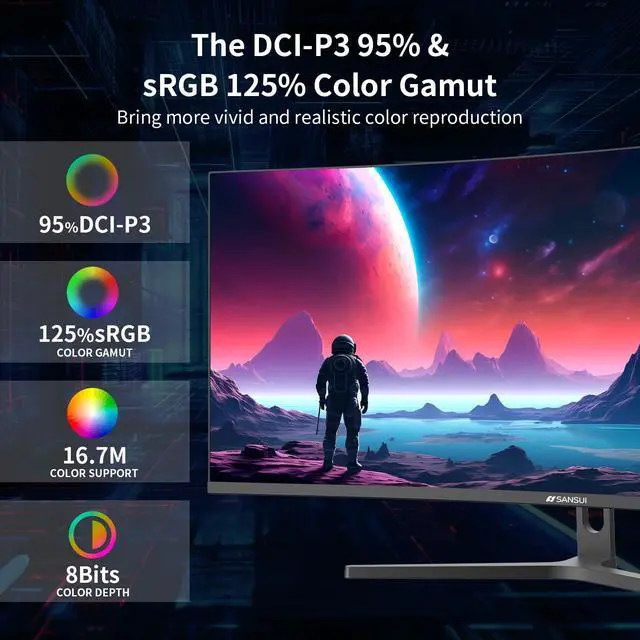 Alt view image 4 of 5 - SANSUI 34-Inch Curved Gaming Monitor UWQHD 3440 x 1440 165Hz Curved 1500R - PIP/PBP, 1ms(MPRT), HDR, 300nits, sRGB 125%, DCI-P3 95%,FreeSync,HDMI x2,DP1.4 x2 (ES-G34C5 DP Cable Included)