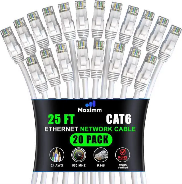 Main image of Maximm Cat 6 Ethernet Cable 25 ft (20-Pack) - High-Speed LAN Cable, Internet Cable, Patch Cable, and Network Cable - UTP, 10Gbps, 550MHz Ethernet Cord - White