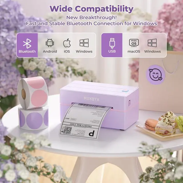 Alt view image 4 of 5 - MUNBYN 130B Bluetooth Thermal Label Printer+2 Inch Lavender Purple Circle Thermal Sticker Labels