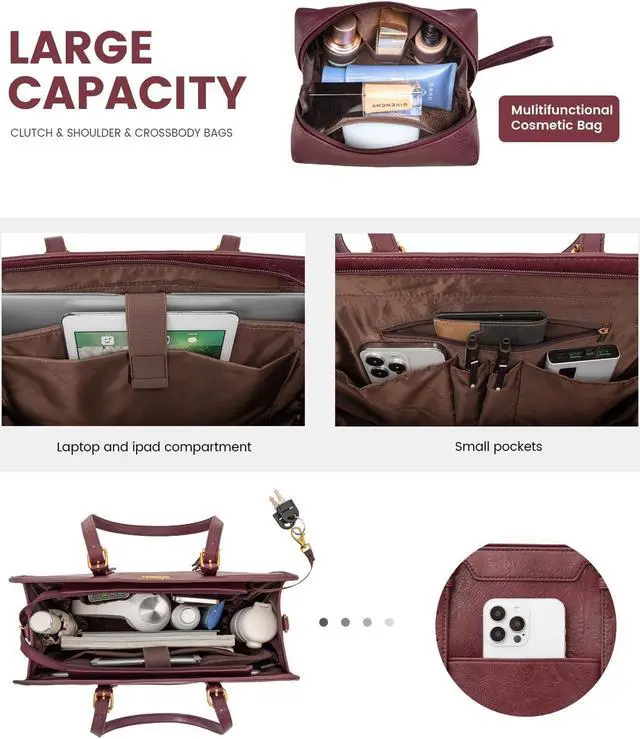Alt view image 2 of 5 - LOVEVOOK Laptop Bag for Women Vintage Leather Work Tote 15.6 inch Large Capacity Computer bag with Clutch Purse for Office, Travel, School, Casual