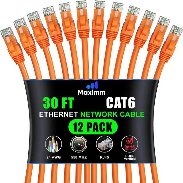 Main image of Maximm Cat 6 Ethernet Cable - 30 ft (12-Pack) - High-Speed LAN, Internet, Patch, and Network Cable - UTP, 10Gbps, 550MHz Ethernet Cord - Orange