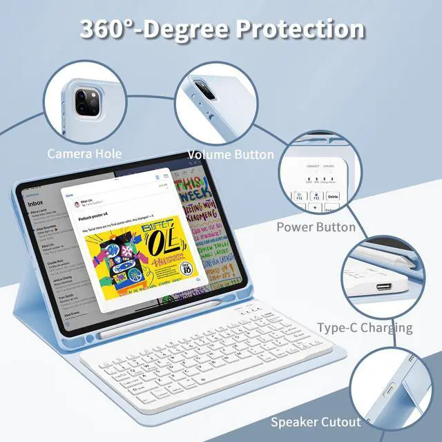 Alt view image 2 of 5 - GKABXY Keyboard Case for iPad Pro 11 inch (4th/3rd/2nd/1st Gen) 2022/2021/2020/2018, Detachable Wireless Bluetooth Keyboard Case with Pencil Holder for iPad Pro 11", Auto Sleep/Wake (Sky Blue)