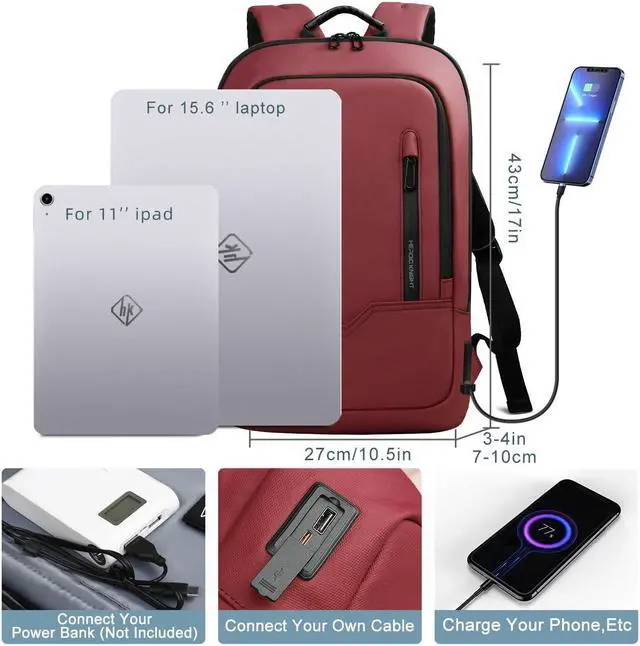 Alt view image 2 of 5 - hk Backpack for Men Business Slim Backpack with USB Charger Computer Lightweight Anti-theft Travel (Red, 15.6 Inch)