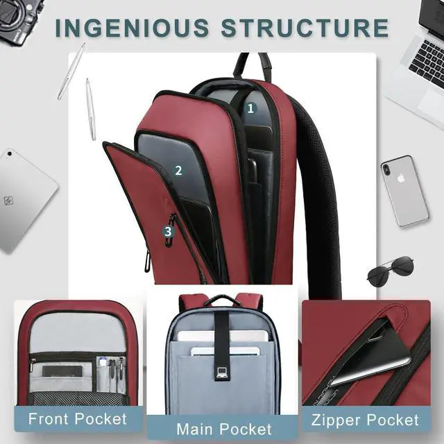 Alt view image 3 of 5 - hk Backpack for Men Business Slim Backpack with USB Charger Computer Lightweight Anti-theft Travel (Red, 15.6 Inch)