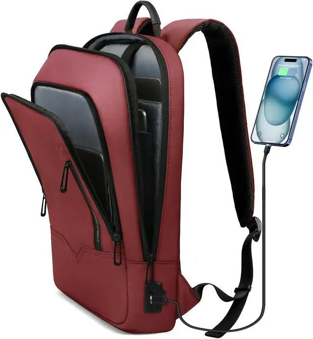 Main image of hk Backpack for Men Business Slim Backpack with USB Charger Computer Lightweight Anti-theft Travel (Red, 15.6 Inch)