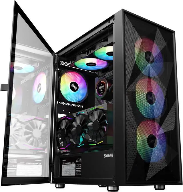 Main image of SAMA 3509 ATX Mid Tower Computer Case Steel Mesh Front Tempered Glass with Open Door 4 ARGB Fans Pre-Install USB3.0X2 360mm AIO Support at Front Black