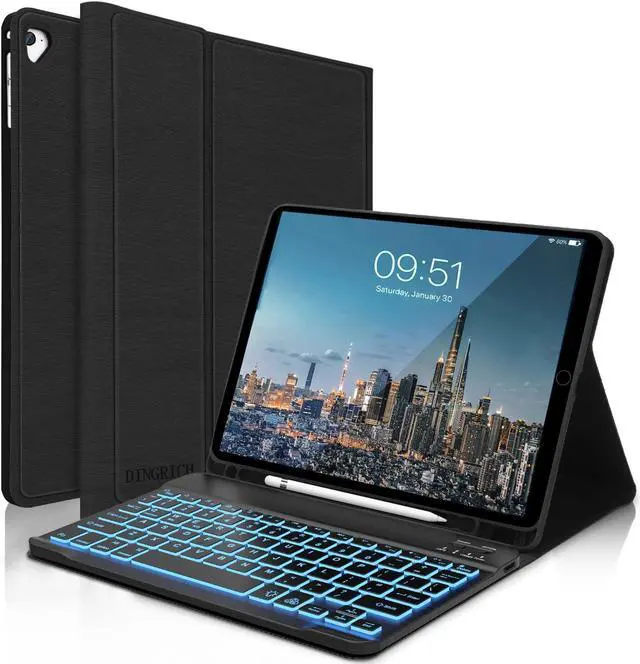 Main image of Keyboard Case for iPad 6th/5th Generation 9.7 inch, Slim Folio Smart Case with Pencil Holder for iPad Air 2, Rechargeable, Detachable Wireless Keyboard with 7 Color Backlit for iPad Pro 9.7 - Black