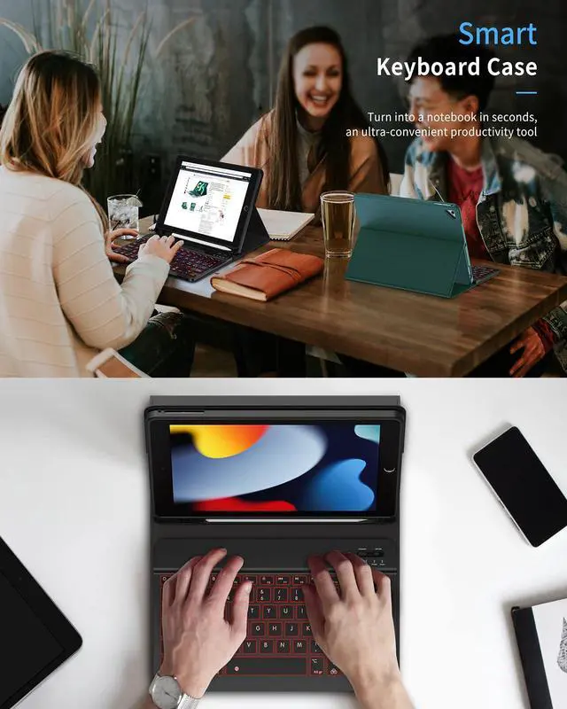 Alt view image 3 of 5 - Keyboard Case for iPad 6th/5th Generation 9.7 inch, Slim Folio Smart Case with Pencil Holder for iPad Air 2, Rechargeable, Detachable Wireless Keyboard with 7 Color Backlit for iPad Pro 9.7 - Black