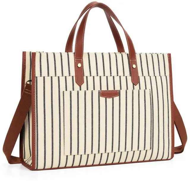 Main image of Missnine Laptop Tote Bag Canvas Laptop Bag 15.6 inch Work Shoulder Bags Casual Briefcase Handbag for Travel, Office, College (Stripe)