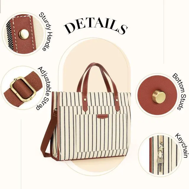 Alt view image 5 of 5 - Missnine Laptop Tote Bag Canvas Laptop Bag 15.6 inch Work Shoulder Bags Casual Briefcase Handbag for Travel, Office, College (Stripe)
