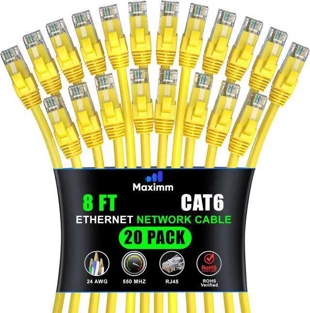 Main image of Maximm Cat 6 Ethernet Cable 8 ft (20-Pack) - High-Speed LAN Cable, Internet Cable, Patch Cable, and Network Cable - UTP, 10Gbps, 550MHz Ethernet Cord - Yellow