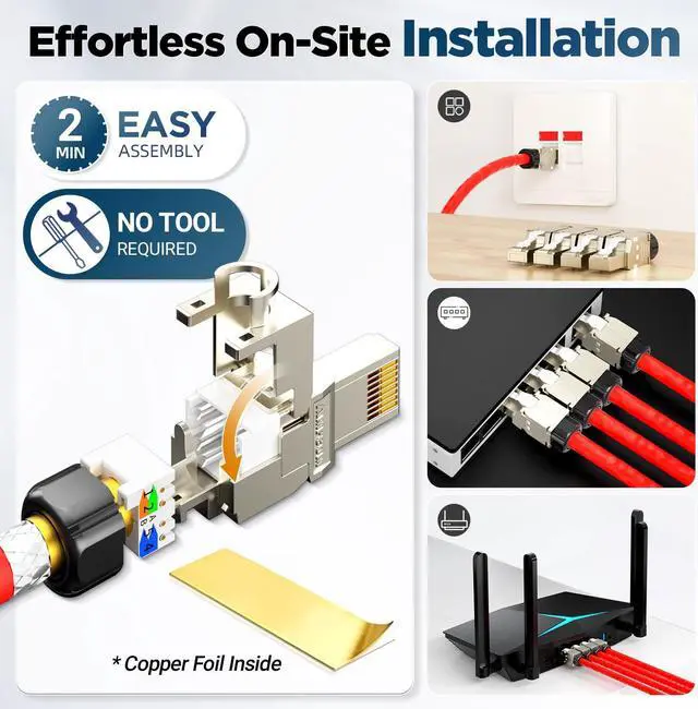 Alt view image 3 of 5 - AMPCOM STP CAT7 RJ45 Connector, Zinc Alloy, Tool-Free, 10Gbps, Enterprise, Industrial Grade RJ45 Connector 12-Pack